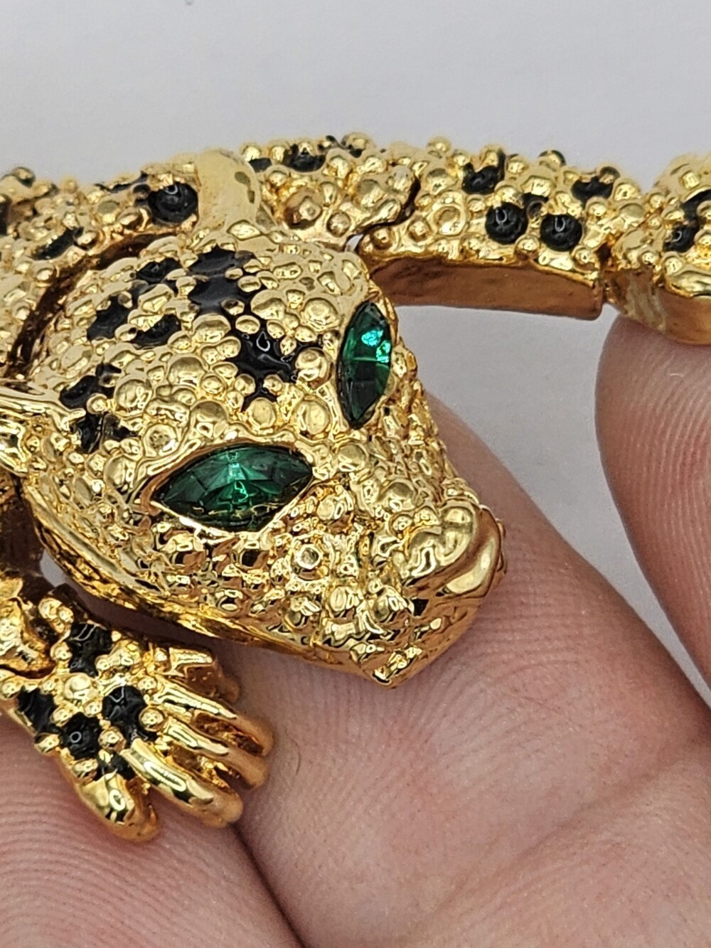 Vintage Articulated Gold-Tone Leopard Brooch w/ Sparkling Green Rhinestone Eyes